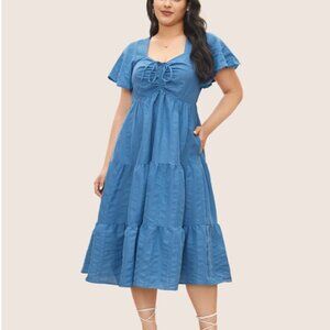 BloomChic Plus Size Plain Ruched Drawstring Pocket Ruffle Tiered Dress